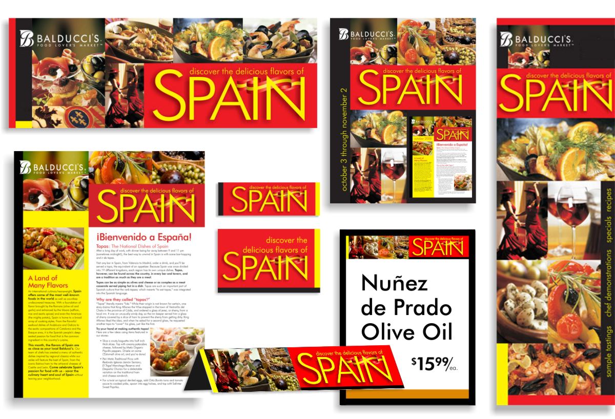 Examples of co-branding for embassy and trade organization food event programs with layout pictures of posters, signs, menus and product sign tag add-ons to provide a storewide presence for Discover the delicious flavors of Spain festival.